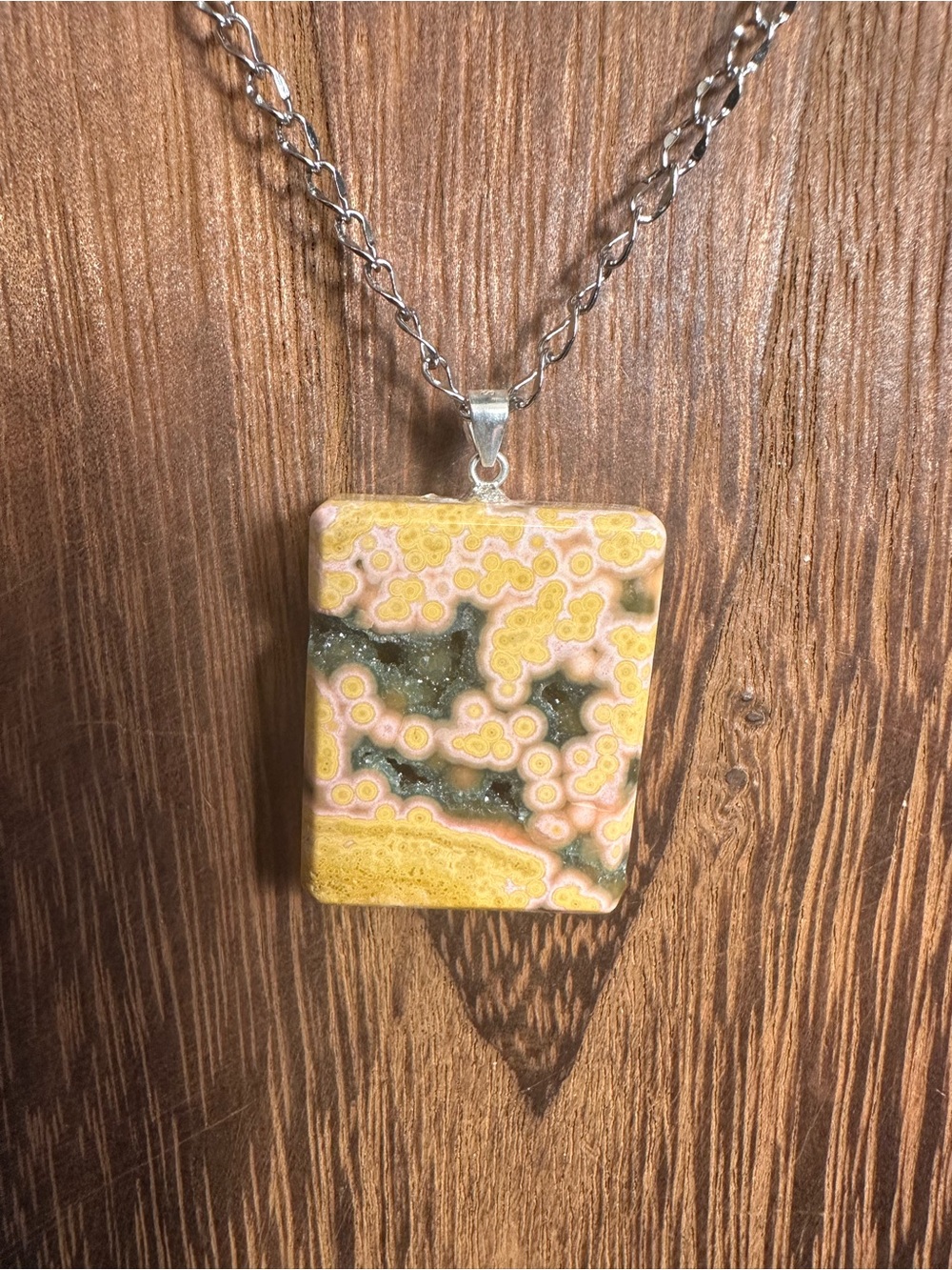 Yellow and Black Druzy Ocean Jasper Pendant Necklace on Stainless Steel Chain - Picture 6 of 16